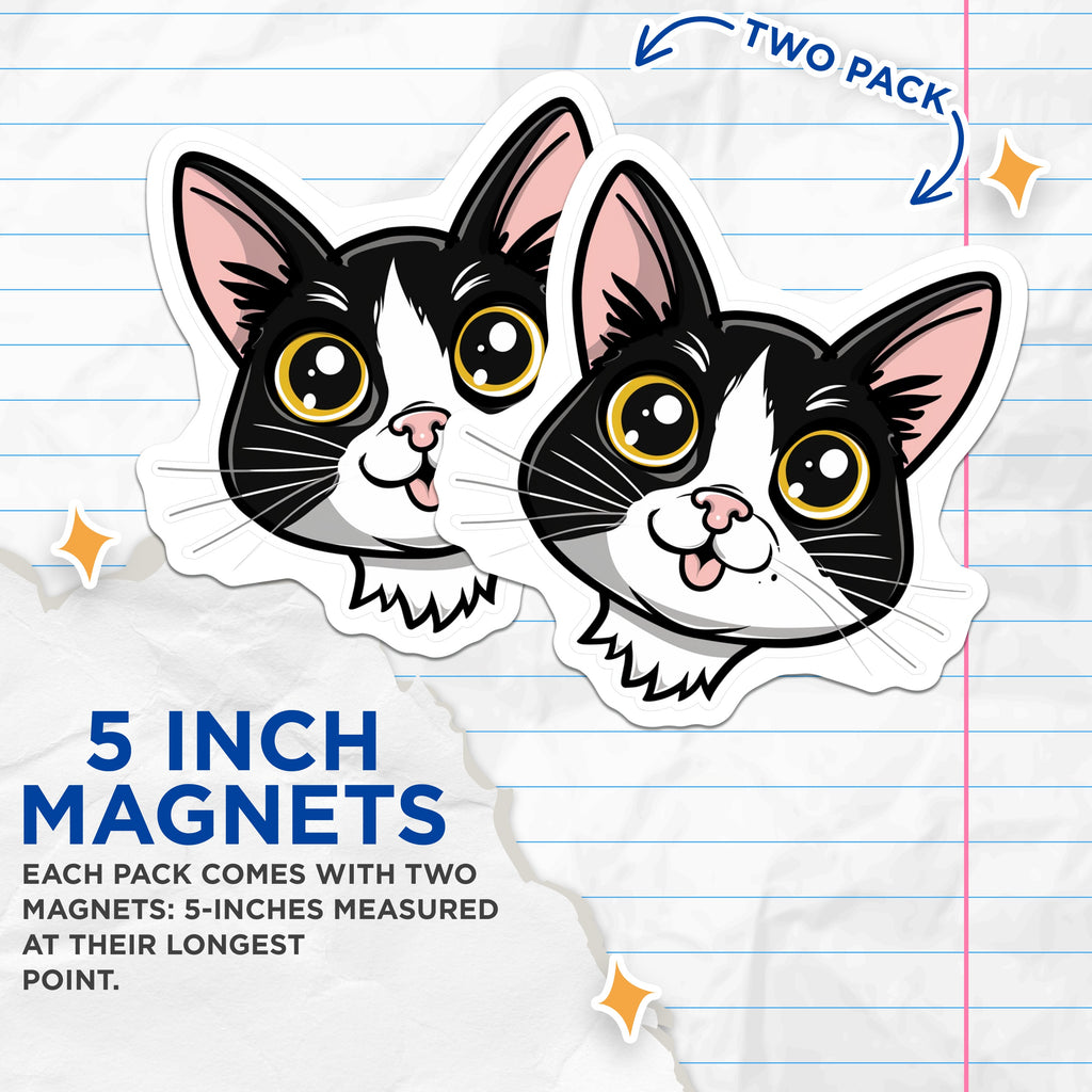 (2 Pack) Cute Cat Magnets - Black White Kitten Face - Kawaii Pet Lover Decor - 5 Inches On Longest Side - Thick Durable Magnet - Made in USA - MAG39308