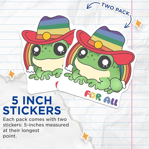 (2 Pack) Cute Frog Stickers - Rainbow Hat Stickers - for All Quotes Stickers - 5" On Longest Side - Sticks to Smooth Flat Surfaces - Made in USA - BMCS7244