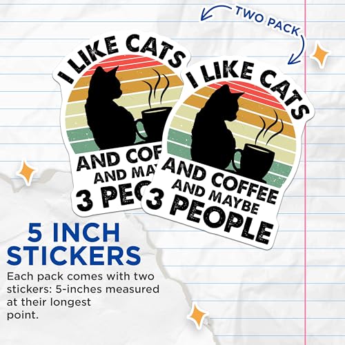 (2 Pack) I Like Cats and Coffee Stickers - Humorous Cat Lover Stickers - Funny Coffee Enthusiast Decal - 5" On Longest Side - Sticks to Smooth Flat Surfaces - Made in USA - BMCS4096
