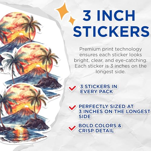 (3 Pack) Tropical Beach Decals - Palm Tree Decal - Sunset Mountain Decal - 3 Inches On Longest Side - Easy Peel & Apply - Made in USA - 3MCS0611