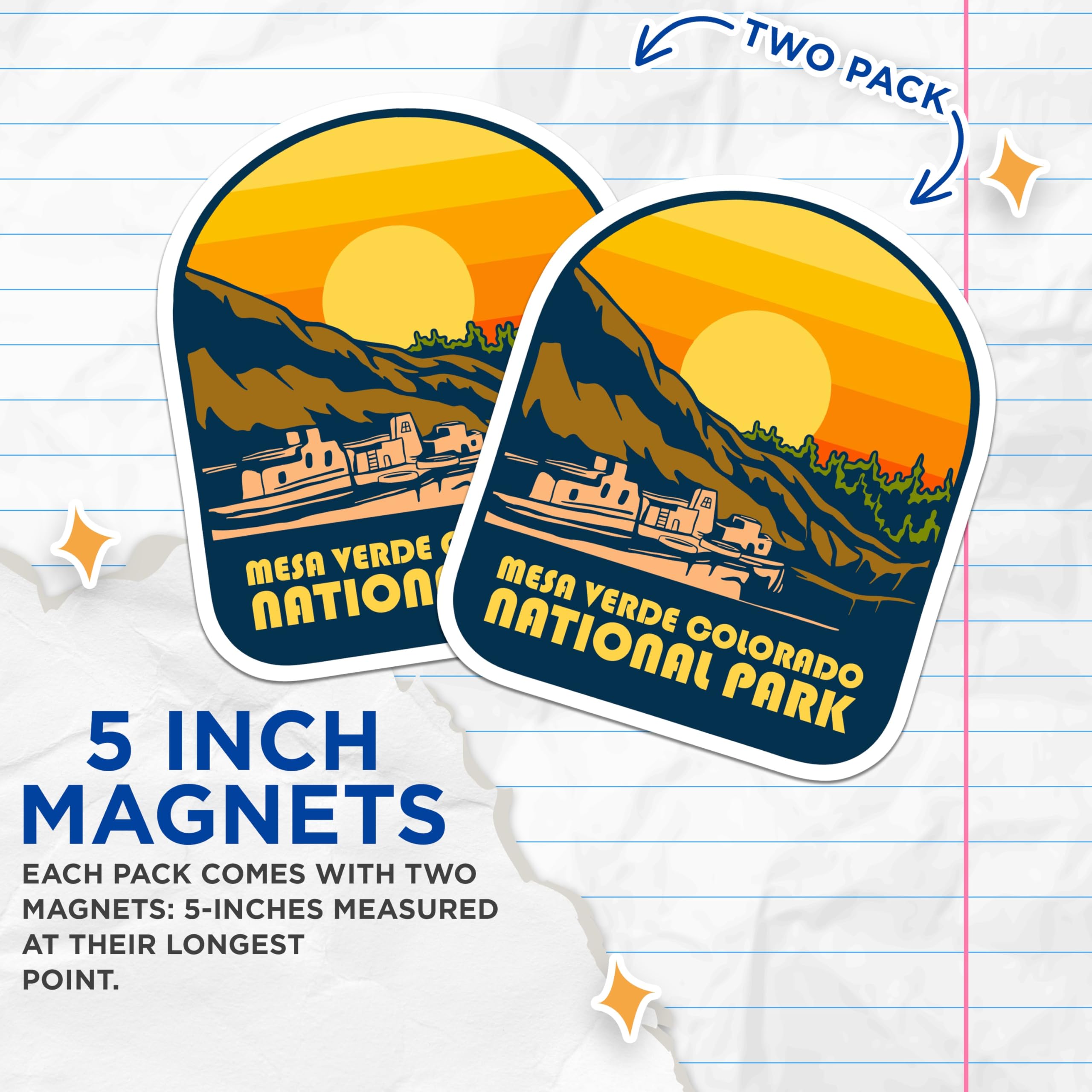 (2 Pack) Mesa Verde Colorado National Park Magnets - Ancient Pueblo Cliff Dwellings - Retro Sunset Scenic Art - 5 Inches On Longest Side - Thick Durable Magnet - Made in USA - MAG19175