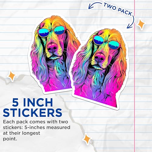 (2 Pack) Colorful Dog Stickers - Cute Animal - Rainbow Dog Sticker - 5" On Longest Side - Sticks to Smooth Flat Surfaces - Made in USA - BMCS7237