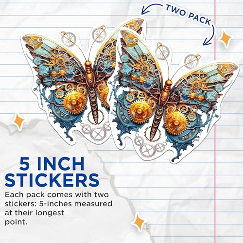 (2 Packs) Steampunk Butterfly Stickers - Aesthetic Gothic Steampunk Decals - 5 Inches On Longest Side - Premium Vinyl Decal - Sticks to Any Smooth Flat Surface - Made in USA - BMCS2330