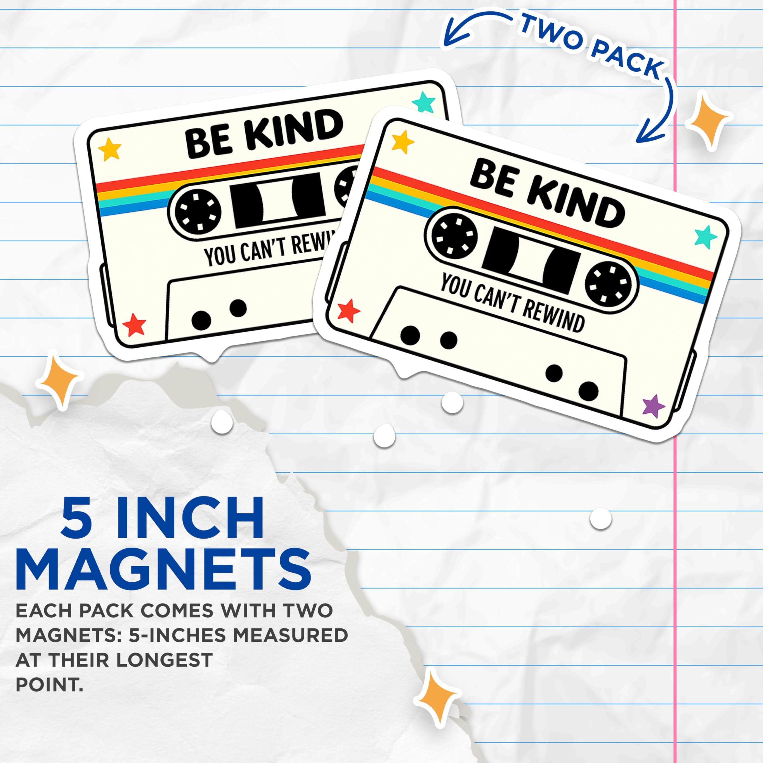 (2 Pack) Be Kind Rewind Magnets - Retro Cassette Tape Decor - Inspirational Quote Fridge Magnets - 5 Inches On Longest Side - Thick Durable Magnet - Made in USA - MAG21595