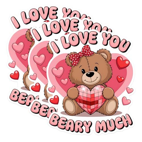 (3 Pack) Teddy Bear Love Decals - Valentine's Day Sticker - I Love You Beary Much Decal - 3 Inches On Longest Side - Easy Peel & Apply - Made in USA - 3MCS1763