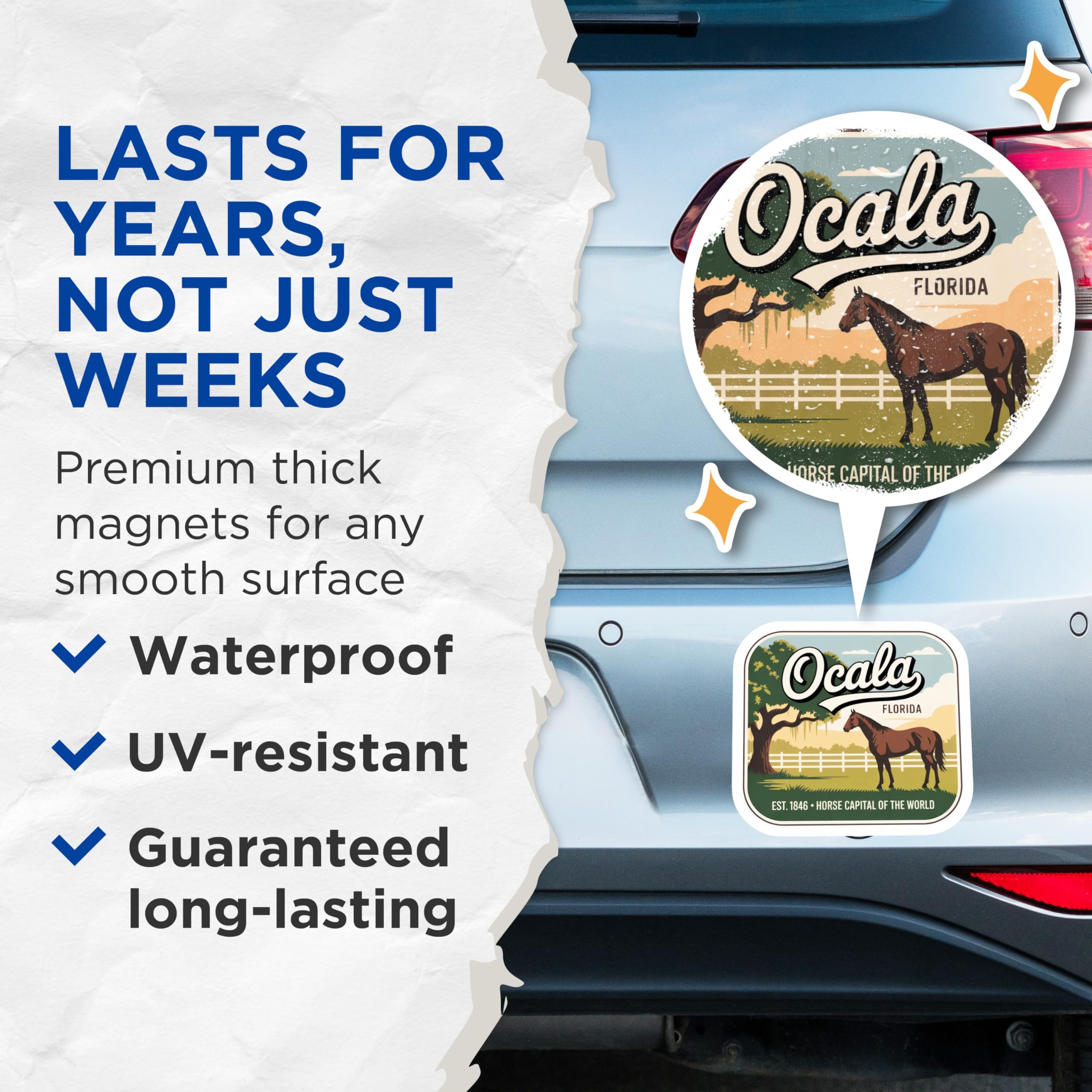 (2 Pack) Ocala Florida Magnets - Horse Capital of The World - Fridge Decor - 5" On Longest Side - Premium Magnet - for Cars, Refrigerators, Toolboxes, Lockers - Made in USA - MAG18753