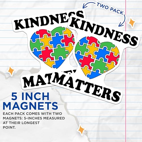 (2 Pack) Kindness Matters Magnets - Puzzle Heart Magnets - Colorful Puzzle Piece Magnets - 5" On Longest Side - for Cars, Fridges, Toolboxes - Made in USA - MAG5615