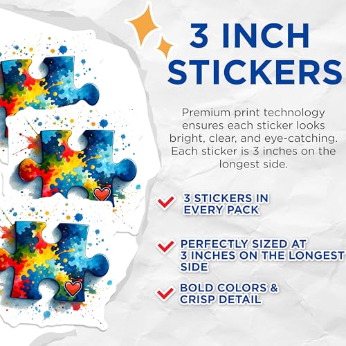 (3 Pack) Autism Awareness Decals - Puzzle Piece Stickers - Colorful Heart Laptop Decal - 3 Inches On Longest Side - Easy Peel & Apply - Made in USA - 3MCS6880