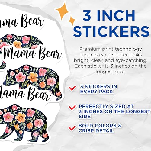 (3 Pack) Mama Bear Decals - Floral Bear Stickers - Laptop Decals - 3 Inches On Longest Side - Easy Peel & Apply - Made in USA - 3MCS2691
