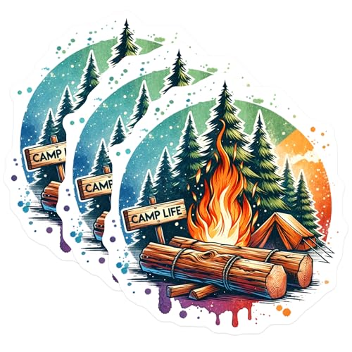 (3 Pack) Camp Life Decals - Bonfire Stickers - Camping Trip Decor- 3 Inches On Longest Side - Easy Peel & Apply - Made in USA - 3MCS5942
