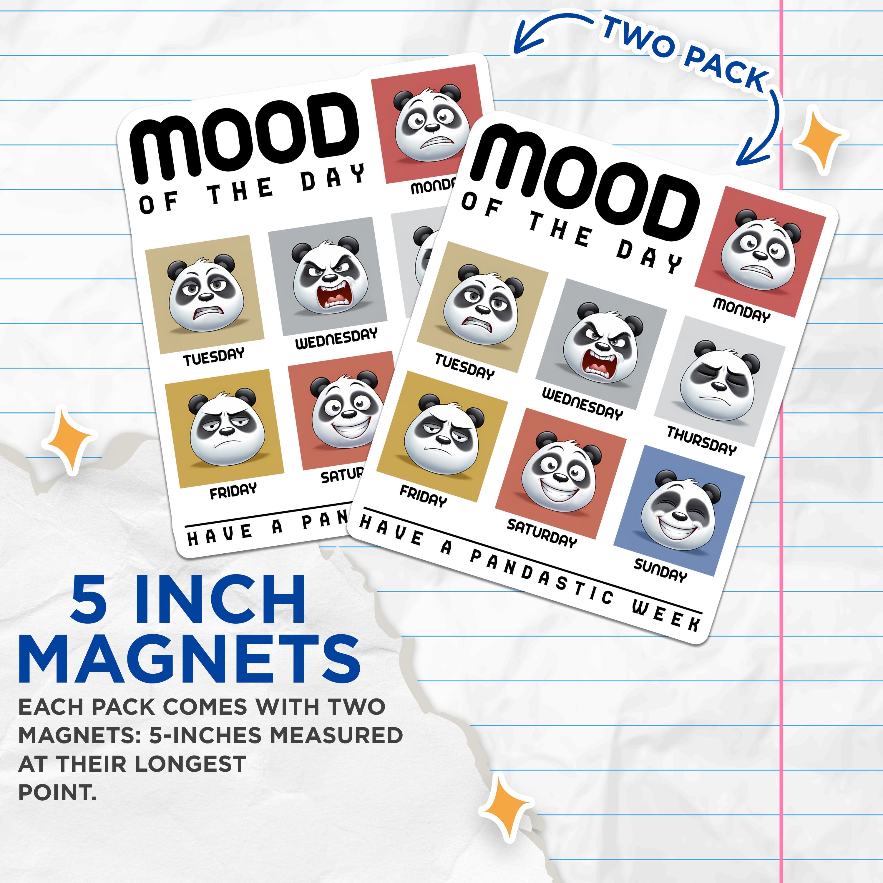 (2 Pack) Panda Mood Magnets - Funny Weekly Mood Chart - Relatable Daily Emotions - Refrigerator Accessory - 5 Inches On Longest Side - Thick Durable Magnet - Made in USA - MAG36864