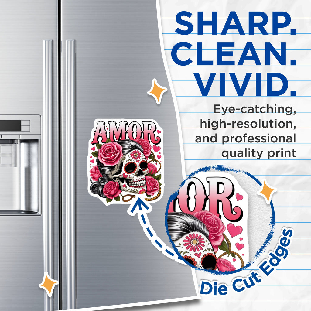 (2 Pack) Day of the Dead Sugar Skull Magnets - Amor Love Roses - Mexican Folk Art Calavera Decor - 5 Inches On Longest Side - Thick Durable Magnet - Made in USA - MAG37084