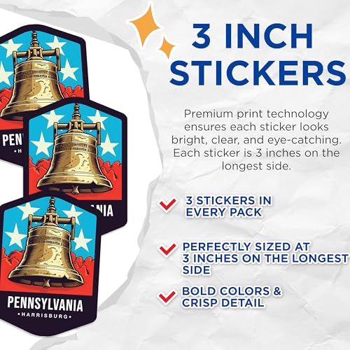 (3 Pack) Liberty Bell Decals - Pennsylvania Pride - Harrisburg USA - 3 Inches On Longest Side - Easy Peel & Apply - Made in USA - 3MCS0379
