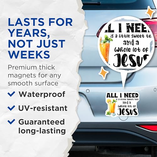 (2 Pack) All I Need is a Little Sweet Tea and a Whole Lot of Jesus Magnets - Inspirational Quote - Kitchen Decor - 5" On Longest Side - for Cars, Fridges, Toolboxes - Made in USA