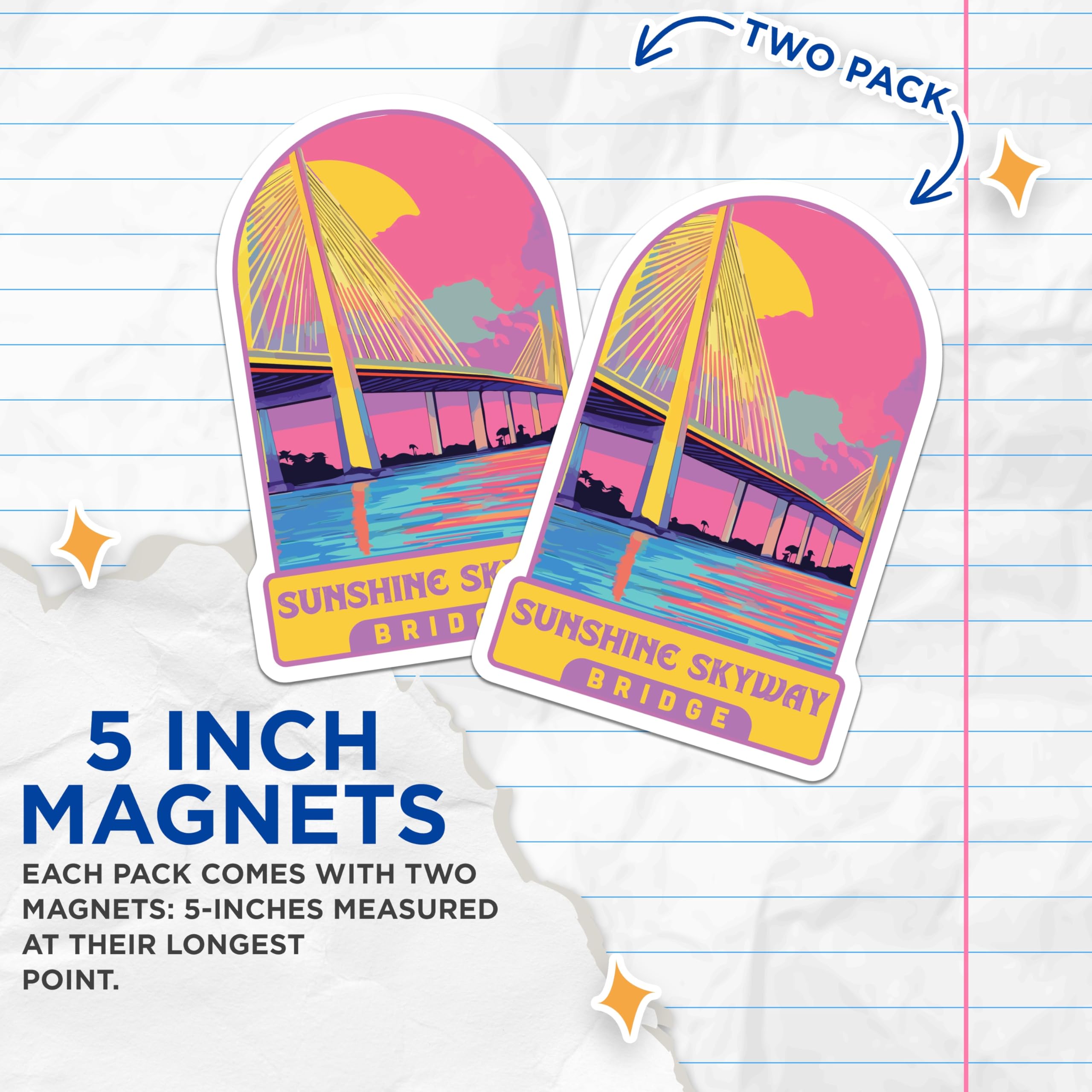 (2 Pack) Sunshine Skyway Bridge Magnets - Florida Landmark Art - Vibrant Travel Souvenirs - 5 Inches On Longest Side - Thick Durable Magnet - Made in USA - MAG19745