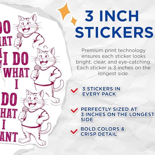 (3 Pack) I Do What I Want Decals - Cat with Microphone - Funny Cat Decal - 3 Inches On Longest Side - Easy Peel & Apply - Made in USA - 3MCS4679