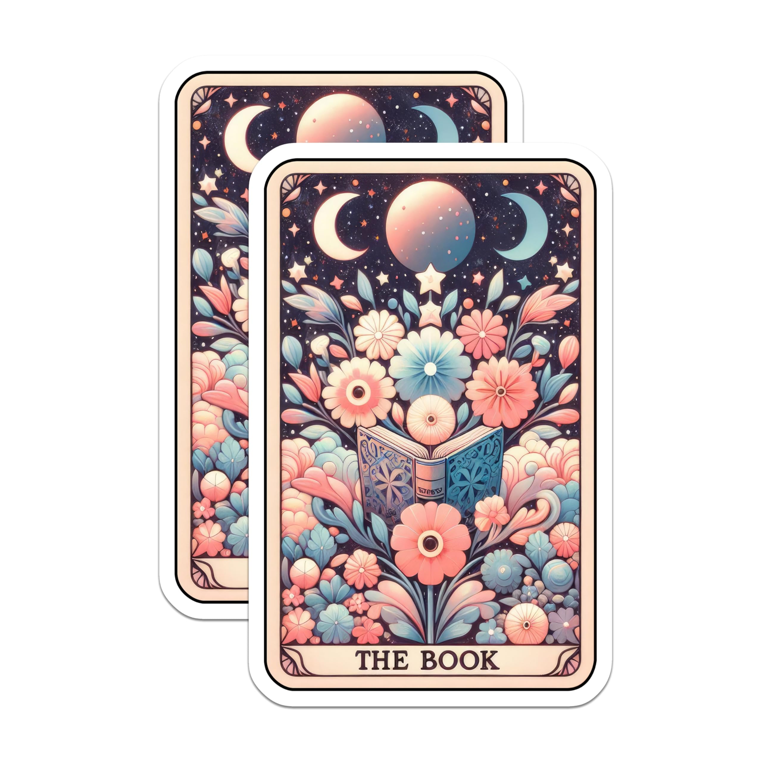 (2 Pack) Illustrated Floral Moon Tarot Card Stickers - Boho Lunar Art Decal - Witchy Aesthetic Stickers - 5" On Longest Side - Sticks to Smooth Flat Surfaces - Made in USA - BMCS5357