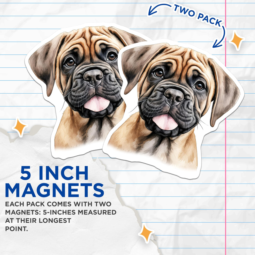 (2 Pack) Bullmastiff Puppy Magnets - Dog Lover Kitchen Decor - Pet Parent Refrigerator Art - 5 Inches On Longest Side - Thick Durable Magnet - Made in USA - MAG26724