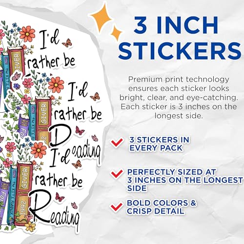 (3 Pack) Reading Decals - Book Lover Stickers - I'd Rather Be Reading Laptop Decal - 3 Inches On Longest Side - Easy Peel & Apply - Made in USA - 3MCS1706