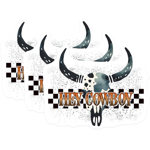 (3 Pack) Hey Cowboy Decals - Western Decor - Bull Skull Laptop Decals - 3 Inches On Longest Side - Easy Peel & Apply - Made in USA - 3MCS1934