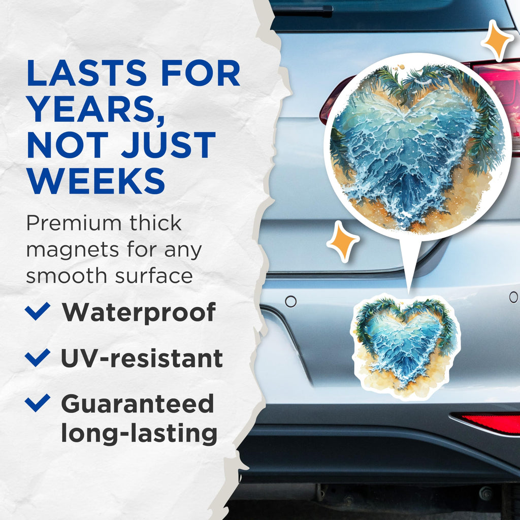 (2 Pack) Watercolor Ocean Heart Wave Magnets - Tropical Palm Beach Coastal Decor - Summer Vacation Aesthetic Fridge Magnets - 5 Inches On Longest Side - Thick Durable Magnet - Made in USA - MAG20153