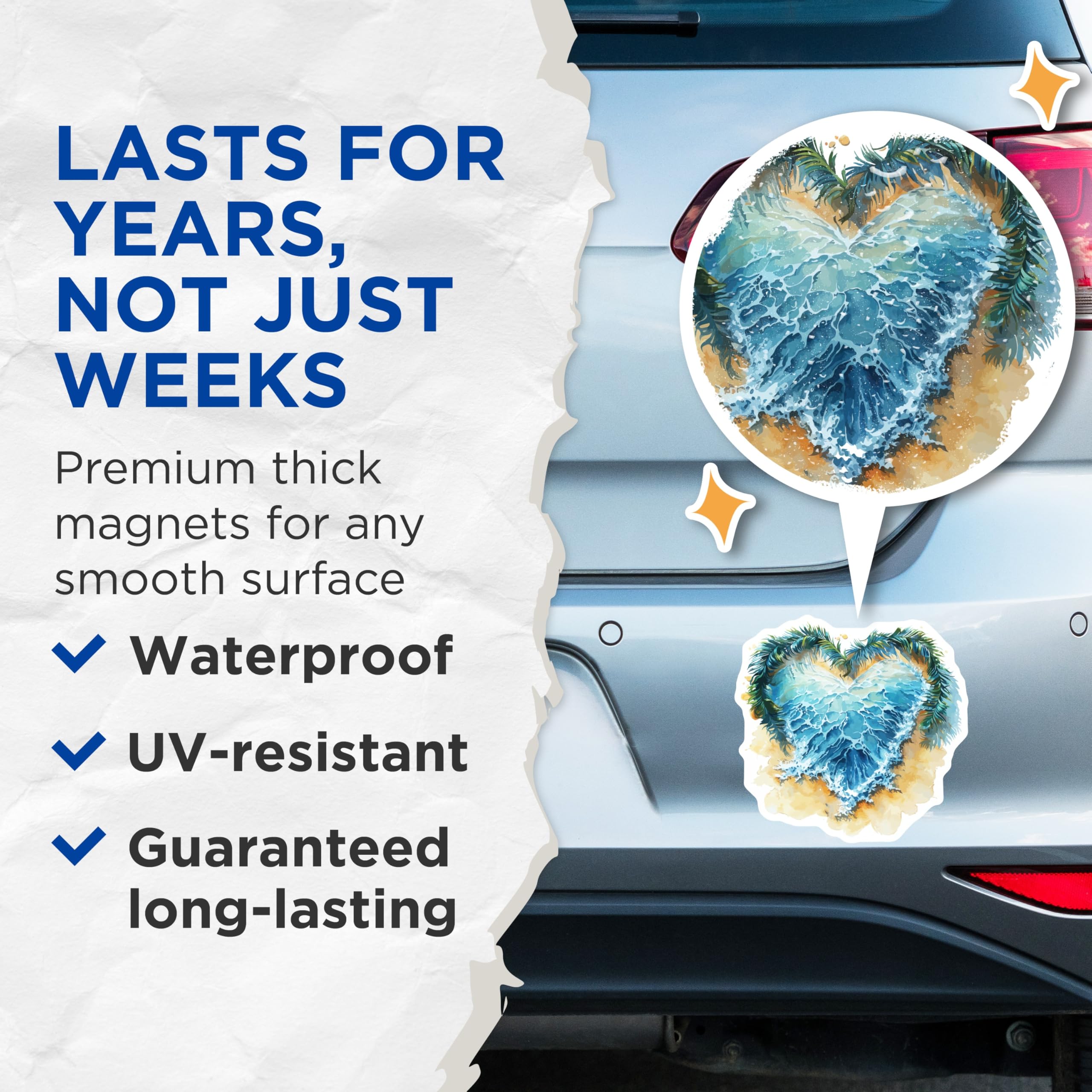 (2 Pack) Watercolor Ocean Heart Wave Magnets - Tropical Palm Beach Coastal Decor - Summer Vacation Aesthetic Fridge Magnets - 5 Inches On Longest Side - Thick Durable Magnet - Made in USA - MAG20153