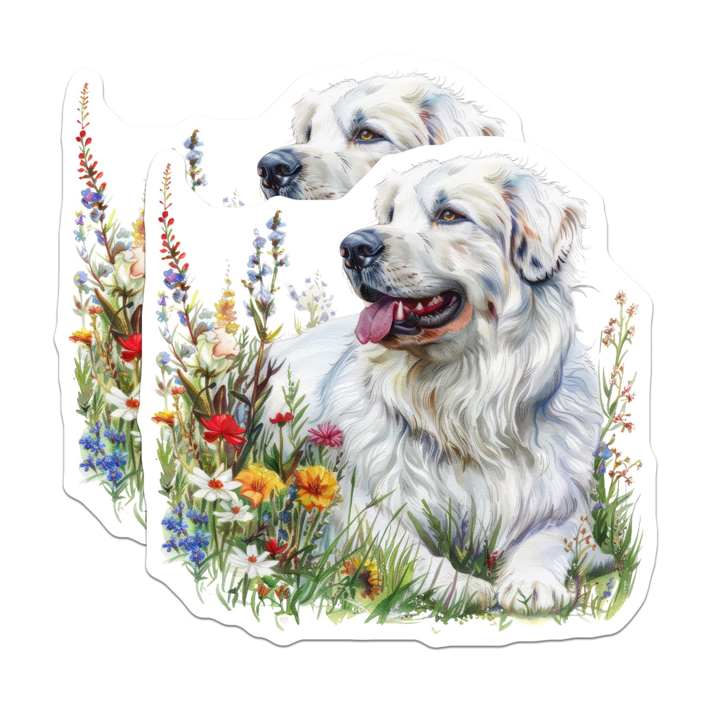 (2 Pack) White Dog and Wildflowers Stickers - Cute Dog Illustration - Flower Meadow Stickers - 5" On Longest Side - Sticks to Smooth Flat Surfaces - Made in USA - BMCS7124