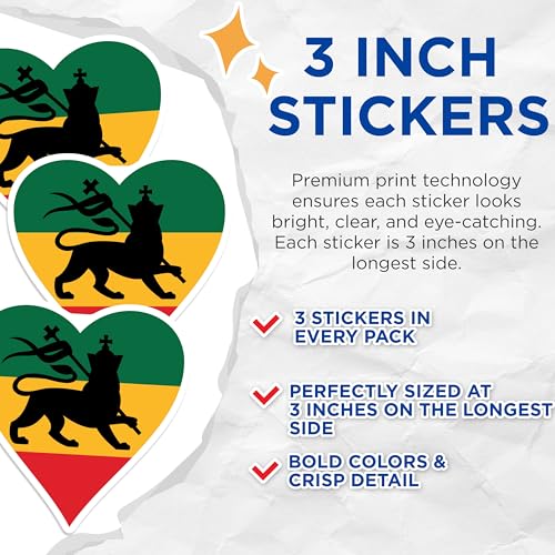 (3 Pack) Ethiopian Lion Decals - Rasta Lion - Reggae Decals - 3 Inches On Longest Side - Easy Peel & Apply - Made in USA - 3MCS4989