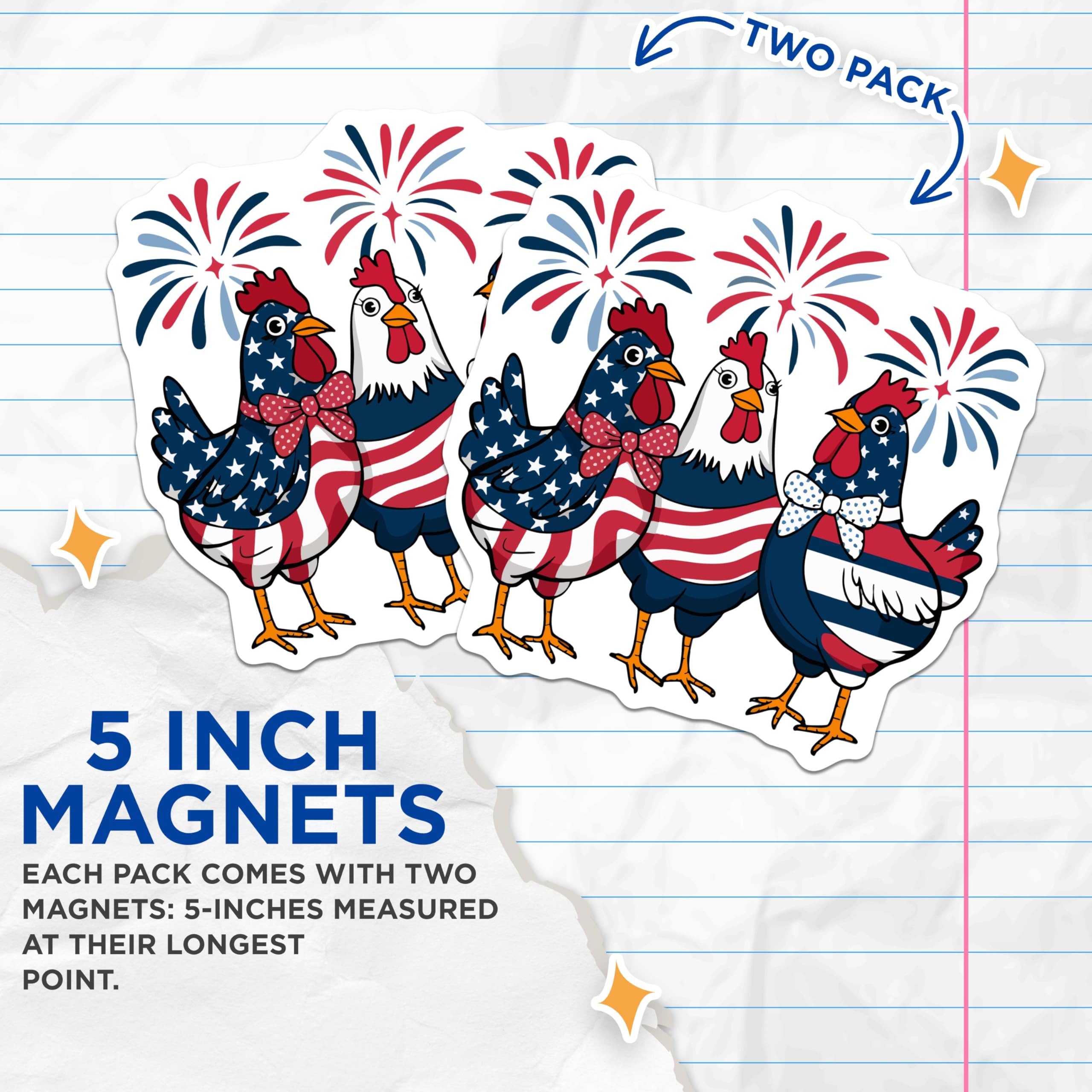 (2 Pack) American Flag Chicken Magnets - Fourth of July Decor - Independence Day Patriotic Farmhouse Magnets - 5 Inches On Longest Side - Thick Durable Magnet - Made in USA - MAG20168