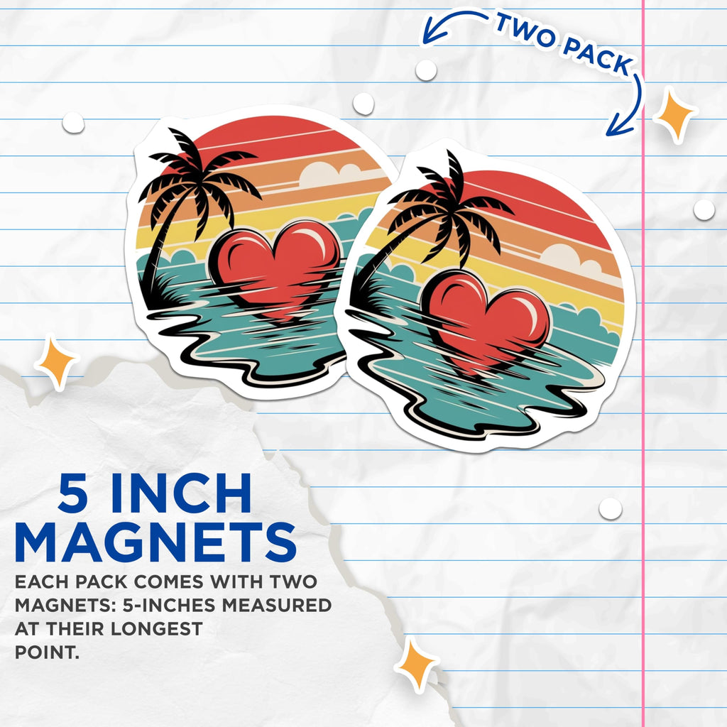 (2 Pack) Retro Sunset Beach Magnets - Tropical Palm Tree Heart - Summer Vacation Vibe Fridge Decor - 5 Inches On Longest Side - Thick Durable Magnet - Made in USA - MAG29457