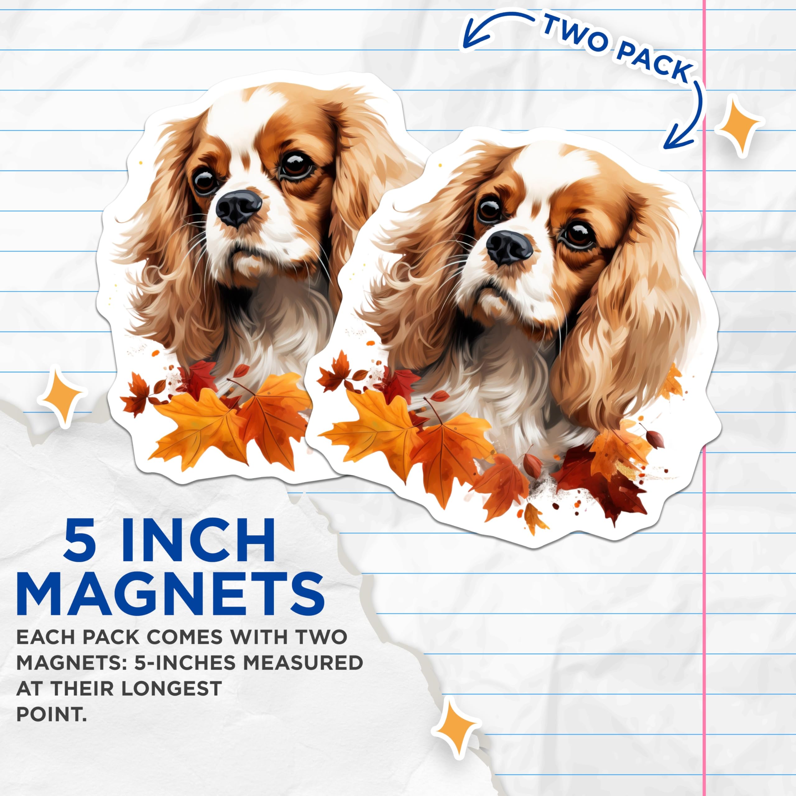 (2 Pack) Cavalier King Charles Spaniel Magnets - Autumn Dog Art - Fall Pet Decor - Dog Lover Accents - 5 Inches On Longest Side - Thick Durable Magnet - Made in USA - MAG30710