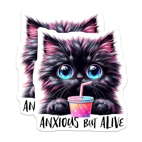 (2 Pack) Anxious But Alive Magnets - Black Cat Artwork - Cute Motivational Magnets - 5" On Longest Side - for Cars, Fridges, Toolboxes - Made in USA - MAG4587
