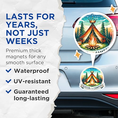 (2 Pack) Queen of The Camper Magnets - Camping Decor - Outdoor Enthusiast - Campfire Lover - Nature Adventure - Hiking Trip - 5" On Longest Side - for Cars, Fridges, Toolboxes - Made in USA - MAG6788