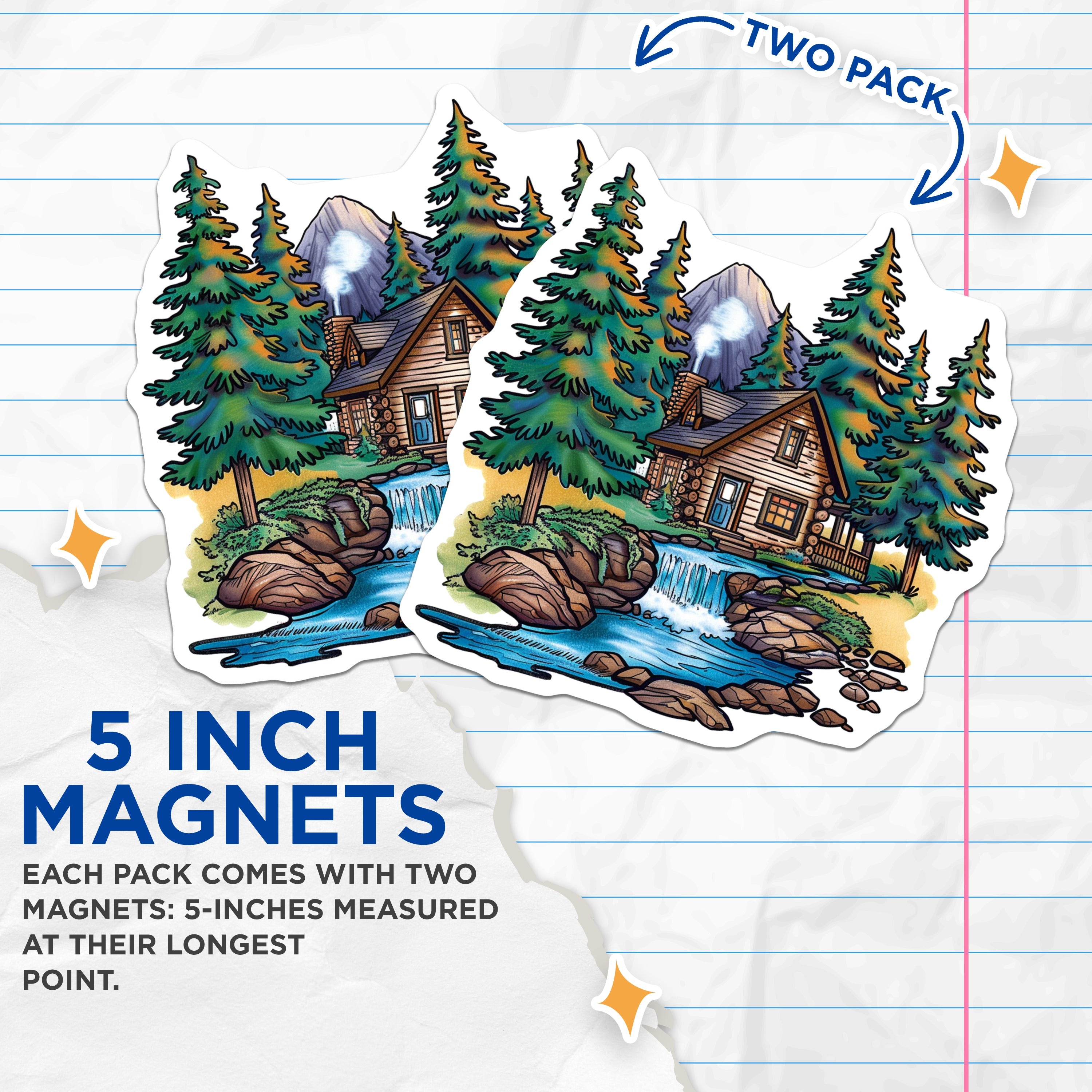 (2 Pack) Log Cabin Magnets - Mountain Landscape Art - Nature Lover Home Decor - 5 Inches On Longest Side - Thick Durable Magnet - Made in USA - MAG37042
