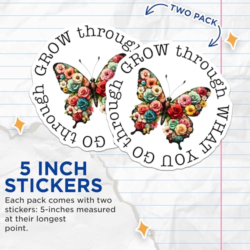 (2 Pack) Inspirational Butterfly Stickers - Motivational Quote - Colorful Flower Art - 5" On Longest Side - Sticks to Smooth Flat Surfaces - Made in USA - BMCS9741