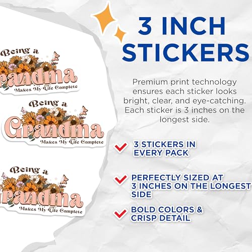 (3 Pack) Grandma Floral Decals - Grandmother Sticker - Being A Grandma Laptop Decal - 3 Inches On Longest Side - Easy Peel & Apply - Made in USA - 3MCS4677