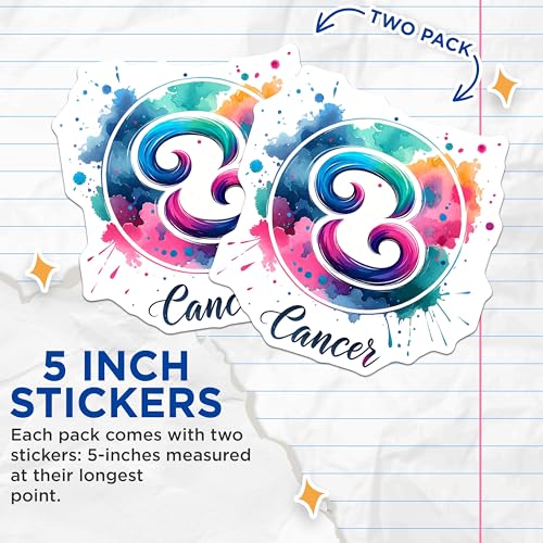 (2 Pack) Cancer Zodiac Sign Stickers - Astrology Watercolor Art - Horoscope Symbol Decal - 5" On Longest Side - Sticks to Smooth Flat Surfaces - Made in USA - BMCS7032