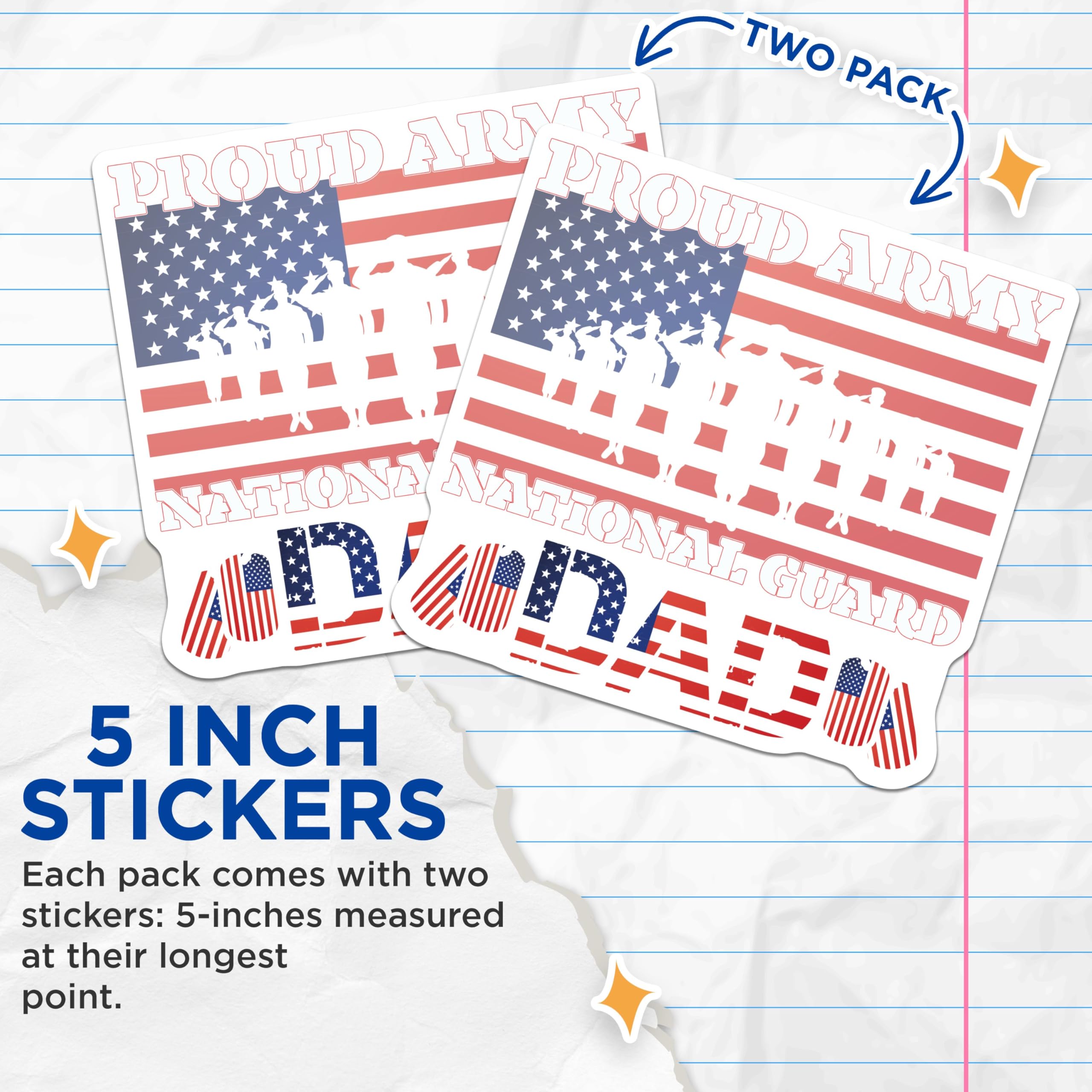 (2 Pack) Proud Army Dad Stickers - National Guard Stickers - American Flag Decals - 5" On Longest Side - Sticks to Smooth Flat Surfaces - Made in USA - BMCS5271