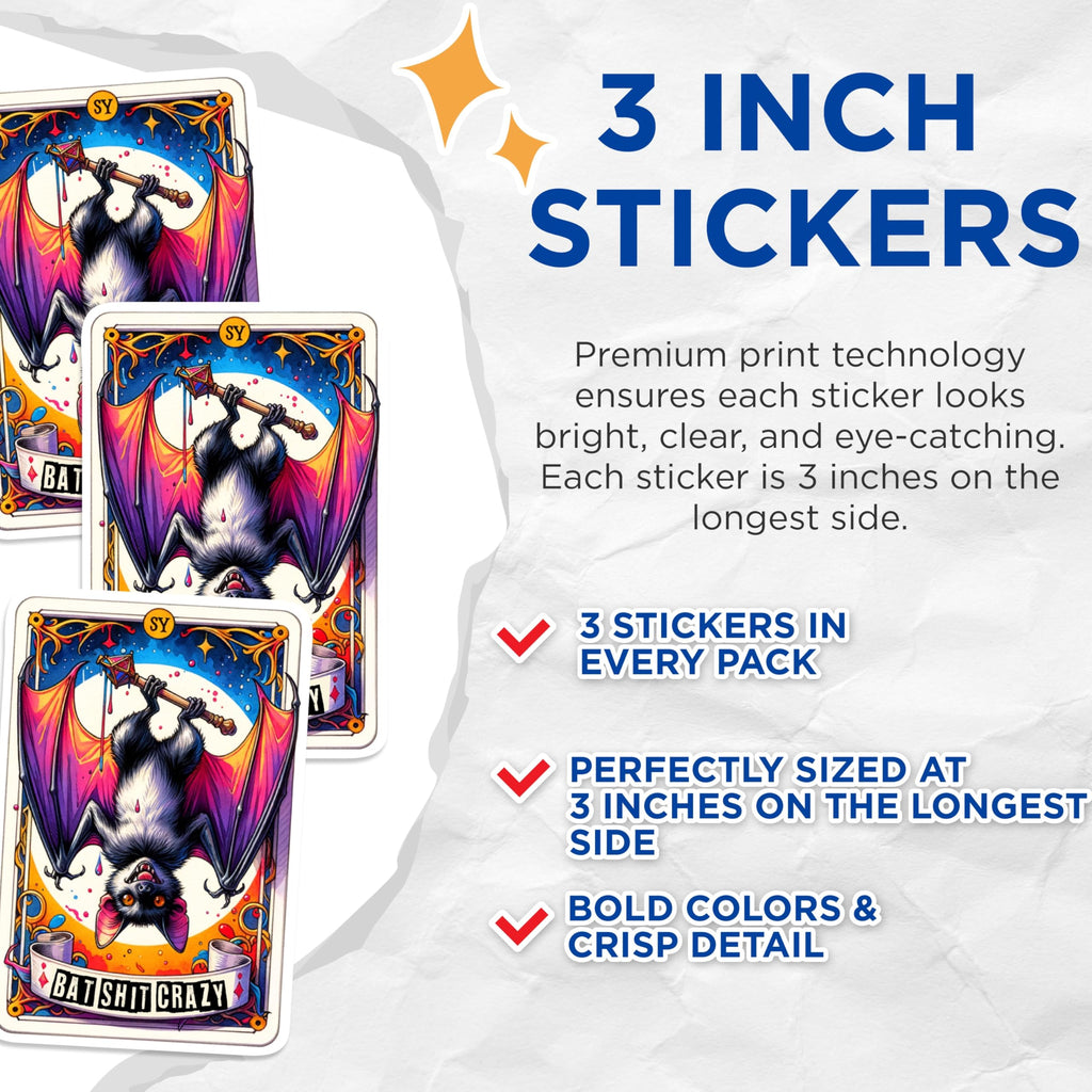 (3 Pack) Bat Shit Crazy Decals - Gothic Bat Art - Funny Decal - 3 Inches On Longest Side - Easy Peel & Apply - Made in USA - 3MCS0277