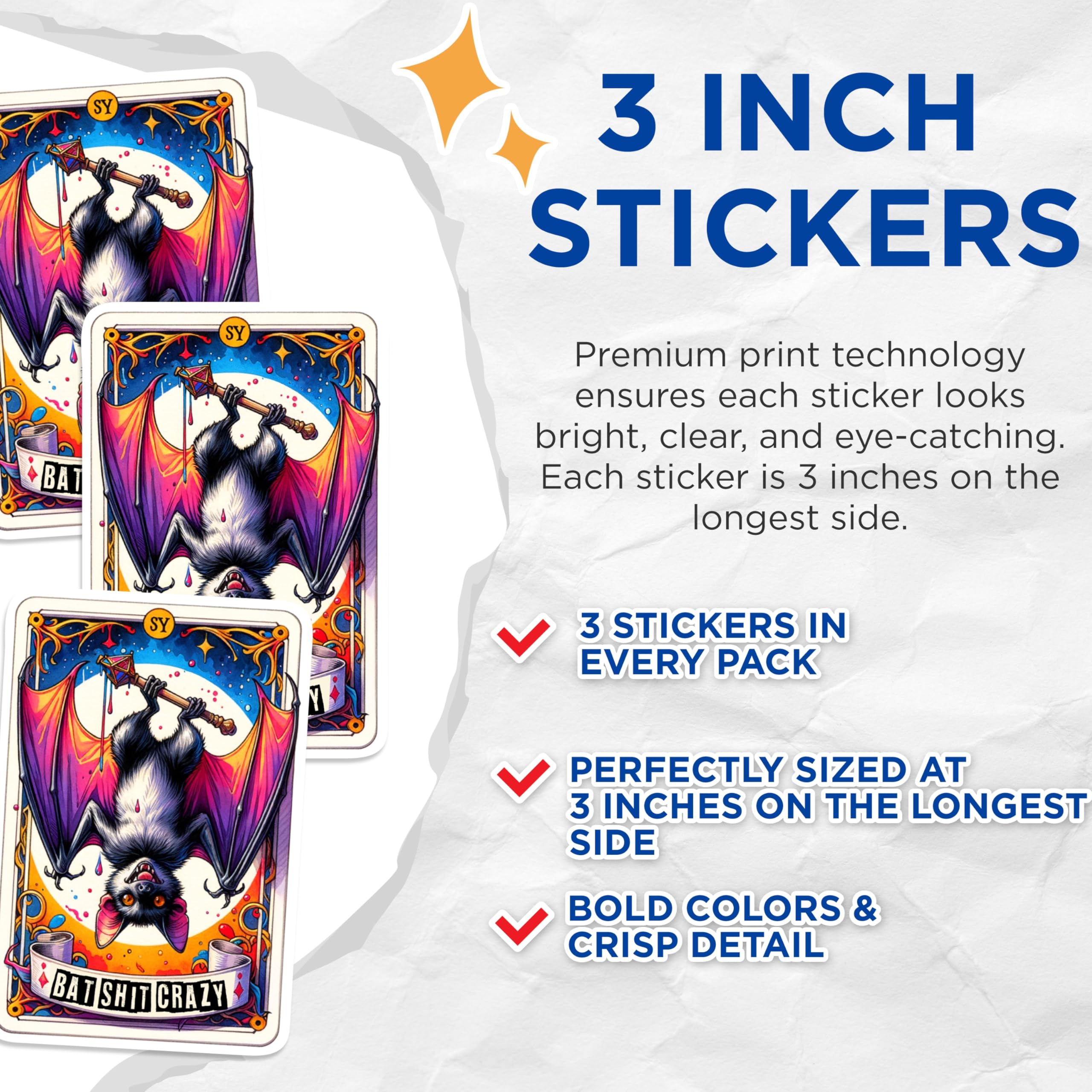 (3 Pack) Bat Shit Crazy Decals - Gothic Bat Art - Funny Decal - 3 Inches On Longest Side - Easy Peel & Apply - Made in USA - 3MCS0277
