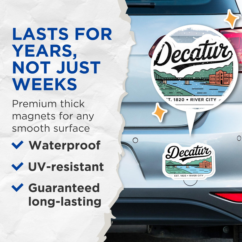 (2 Pack) Decatur Alabama Magnets - River City Decor - Established 1820 Souvenir - 5" On Longest Side - Premium Magnet - for Cars, Refrigerators, Toolboxes, Lockers - Made in USA - MAG17389