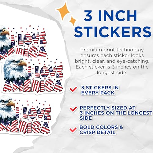 (3 Pack) I Love America Decals - Patriotic Eagle - USA Pride Decor - 3 Inches On Longest Side - Easy Peel & Apply - Made in USA - 3MCS6170
