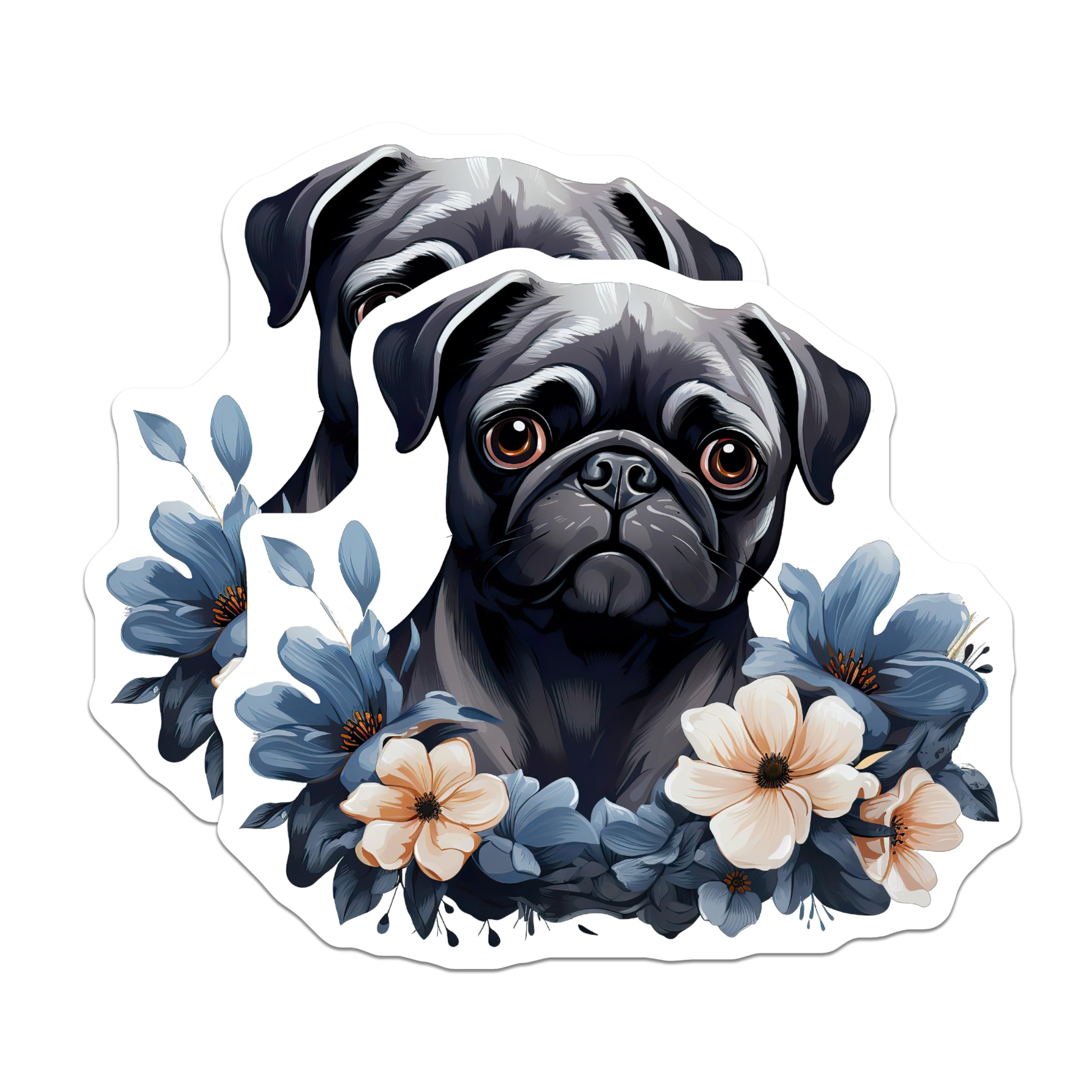 (2 Pack) Black Pug Floral Magnets - Dog Mom Decor Accessory - Cute Pet Lover Animal Art Fridge Magnets - 5 Inches On Longest Side - Thick Durable Magnet - Made in USA - MAG27881