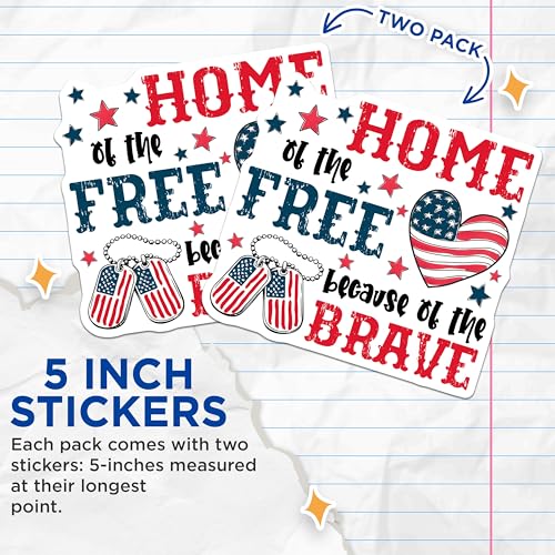 (2 Pack) Patriotic Stickers - Home of The Free - Because of The Brave - 5" On Longest Side - Sticks to Smooth Flat Surfaces - Made in USA - BMCS8360 - USA Dog Tags - American Flag Heart