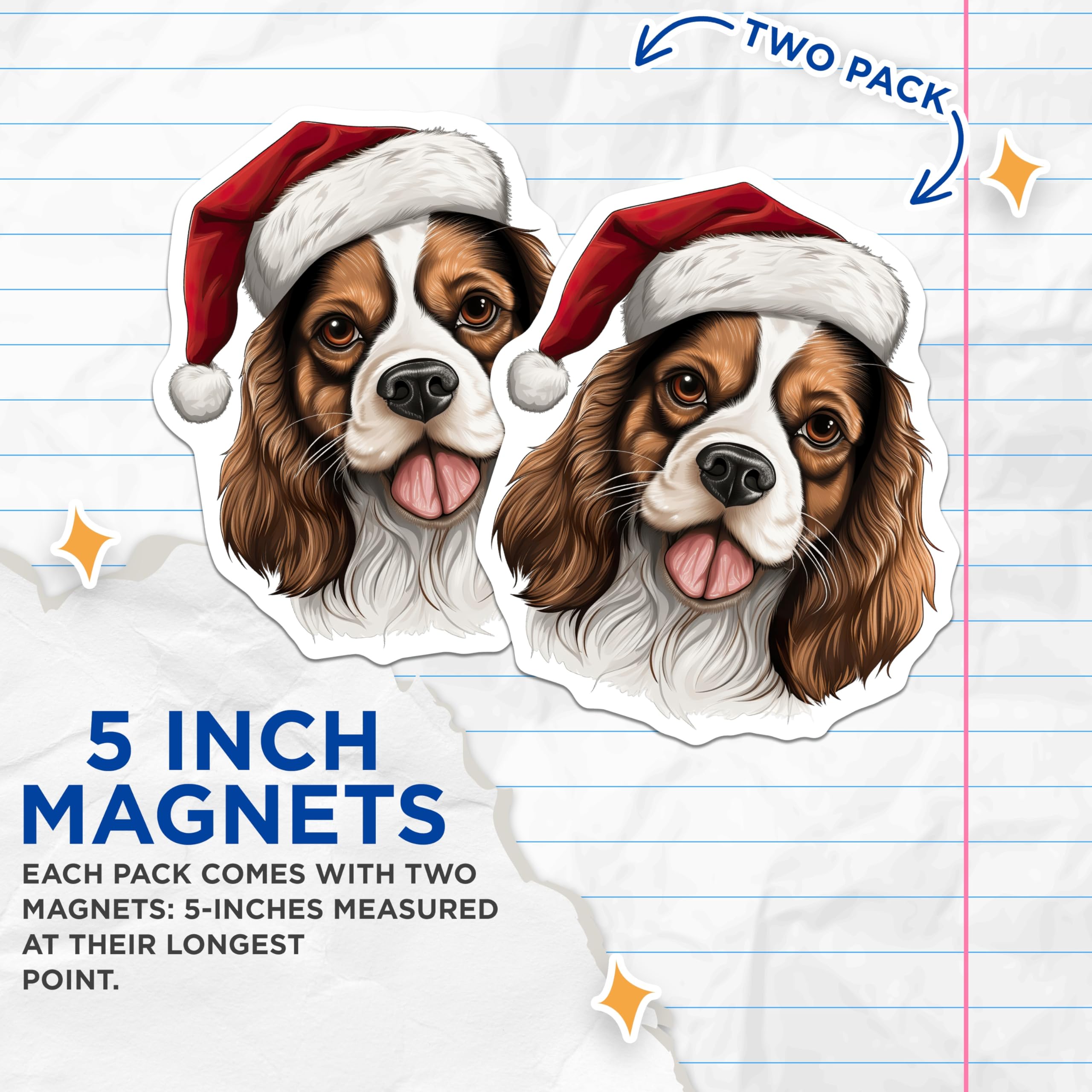 (2 Pack) Cavalier King Charles Spaniel Magnets - Christmas Canine Holiday Decor - Santa Hat Pet Lover Refrigerator - 5 Inches On Longest Side - Thick Durable Magnet - Made in USA - MAG25287