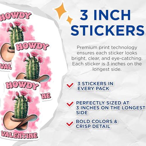 (3 Pack) Howdy Valentine Decals - Cactus Cowboy Hat - Southwestern Decals - 3 Inches On Longest Side - Easy Peel & Apply - Made in USA - 3MCS1923