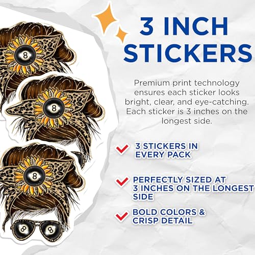 (3 Pack) Messy Bun Decals - Leopard Sunflower - Eight Ball Sunglasses - Laptop Decal - 3 Inches On Longest Side - Easy Peel & Apply - Made in USA - 3MCS4966