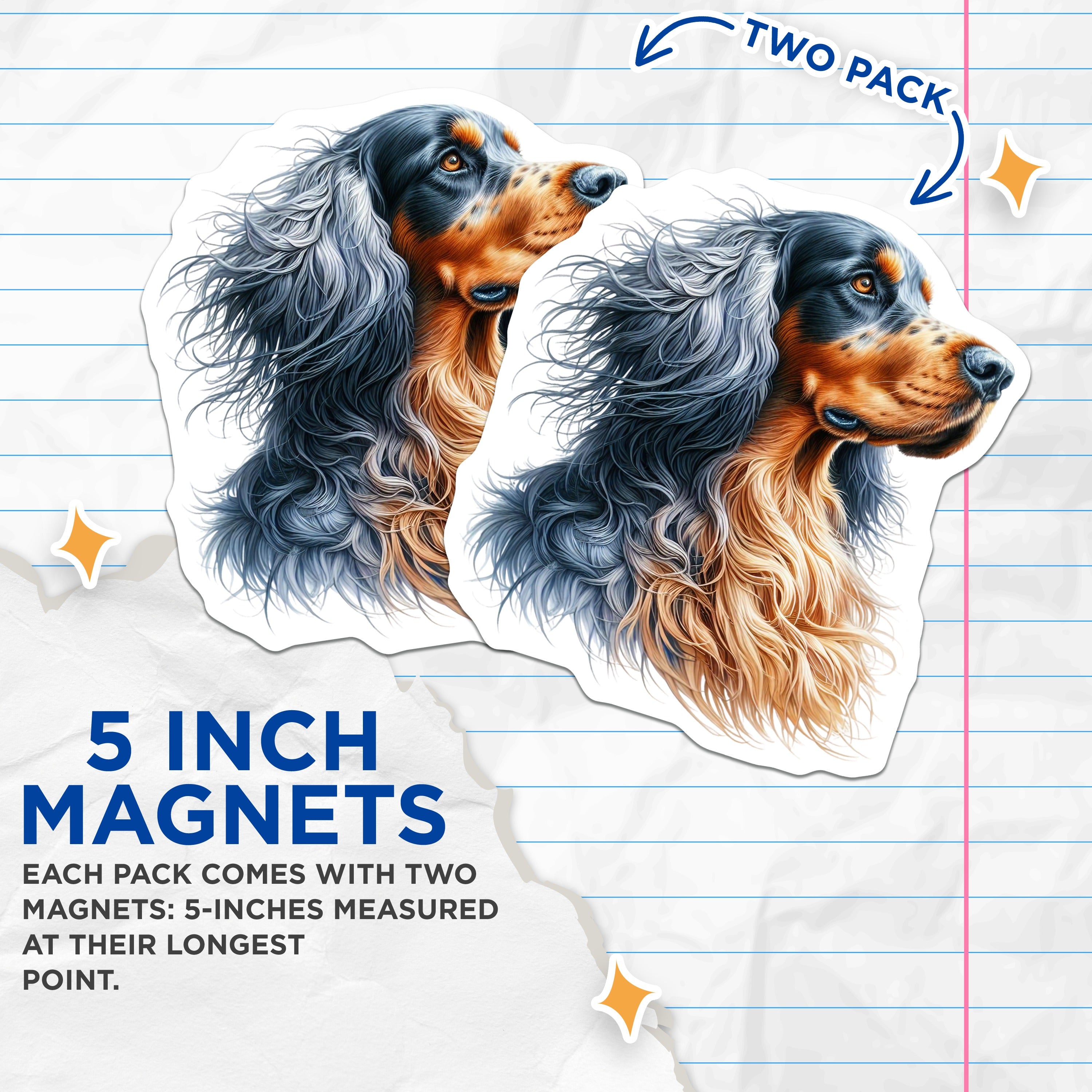 (2 Pack) Gordon Setter Magnets - Detailed Dog Portrait - Pet Lover Fridge Decor - 5 Inches On Longest Side - Thick Durable Magnet - Made in USA - MAG37309
