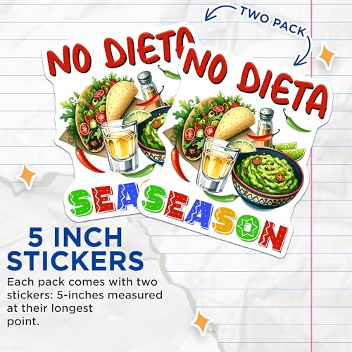 (2 Pack) Funny No Dieta Season Stickers - Taco Lover - Mexican Food Fun - 5" On Longest Side - Sticks to Smooth Flat Surfaces - Made in USA - BMCS8221