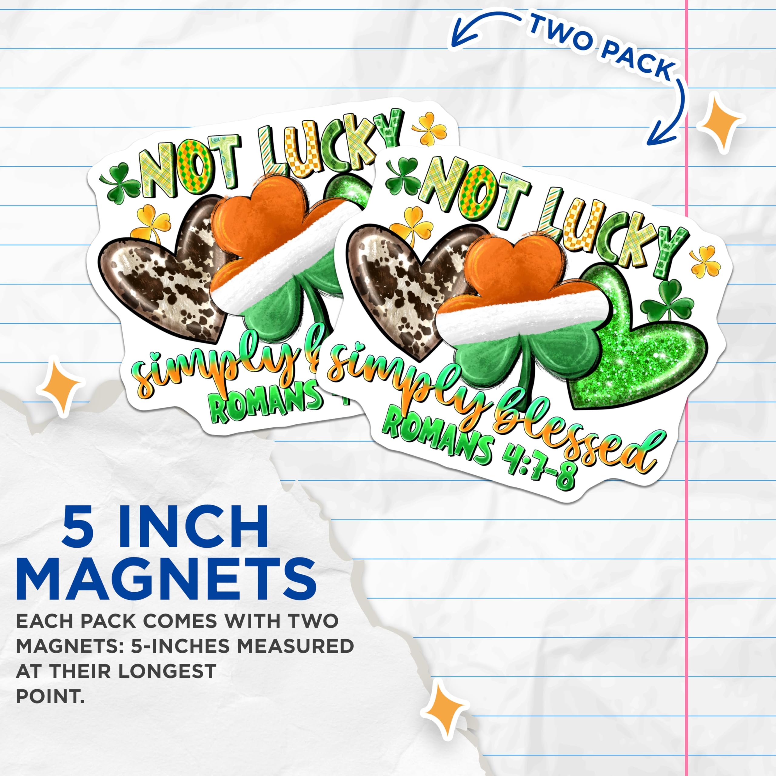 (2 Pack) St Patricks Day Magnets - Not Lucky Simply Blessed - Irish Shamrock Cowhide Decor - 5 Inches On Longest Side - Thick Durable Magnet - Made in USA - MAG24698